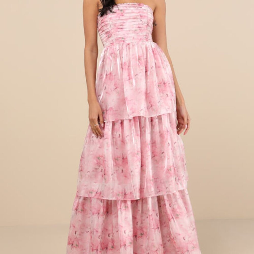 Lulus Kamella Light Pink Floral Pleated Strapless Tiered Maxi Dress - Size M